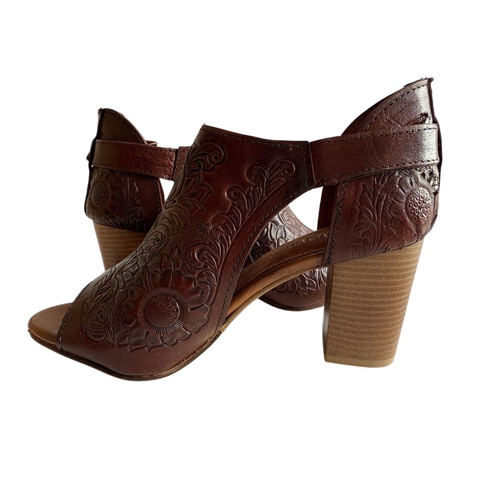 Roper Mika Mules Womens 7 Floral Tooled Leather Closed Back Buckle Peep Toe - Picture 4 of 12